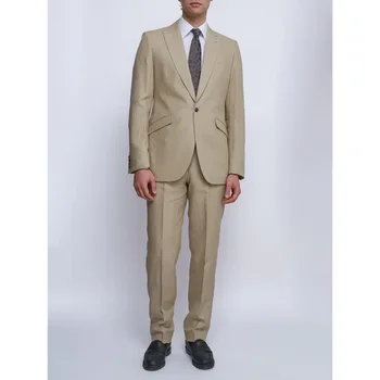 Chic Peak Lapel One Button Vyriški kostiumai Khaki Gentleman Formal Casual 2 Piece Groom Wedding Tuxedo Slim Male Suit (Blazer+Pants)