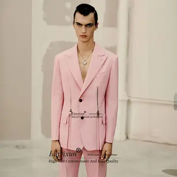 Fashion Pink Vyriški kostiumai Slim Groom Tuxedos 2 Pieces Business Male Blazer Masculino Striukės Kelnių rinkinys Trajes Elegante Para Hombres