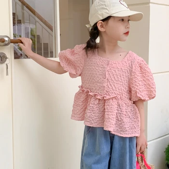 Baby Girl's Solid Color Top 2023 Summer Korean New Children Fashion Solid Color Puff Sleeve Marškinių mada