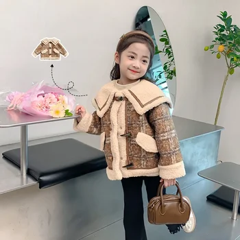 Girl Coat 2023 Ruduo ir žiema Sutirštintas pliušinis paltas su mergaitėmis Korėjietiško stiliaus paltas Vaikiškas pledas Žieminis paltas
