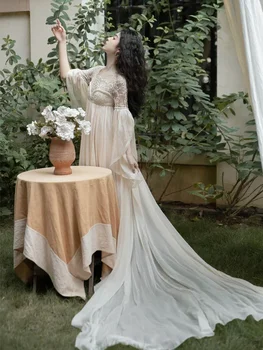 Viktorijos laikų stiliaus fėjos suknelė Moteris Romantiškos vintažinės nėrinių šifono grindų ilgio suknelės vakaro pasimatymui Gimtadienio vakarėlis Vestido