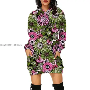 Moteriška vintažinė gėlių margumėlė Marginta suknelė su gobtuvu Rudens vidutinio ilgio megztinio mada Moteriška laisvalaikio sportinė suknelė su gobtuvu