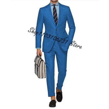 Royal Blue Slim Fit Vyriškas kostiumas Dviejų dalių įpjautas atvartas Business Prom 2 dalių vestuviniai kostiumai Švarko kelnės Trajes de Hombre