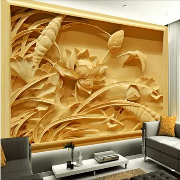 wellyu Custom large - scale freskos aukštos raiškos medžio drožyba lotosas Kinų freska TV fonas neaustiniai tapetai